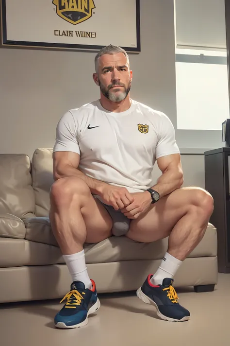 best quality, detailed, handsome dilf, scruffy, hairy arms and legs, grey hair, coach dilf, sport sneakers, white socks, calves, office setting, office desk, relaxing, couch, pubes, daddy, very hairy, thick beard, white male, proportionate body, better leg...