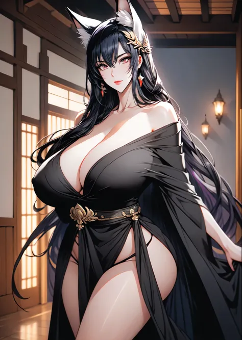 Illustration, 1women, looking at camera, seductive smile, (Milf), (detailed mature face), milfication, BREAK, kitsune, fox girl, fox ears, natural makeup, very long hair, black hair, (bangs, hair between eyes), ((mature body, tall women)), ((detailed eyes:...