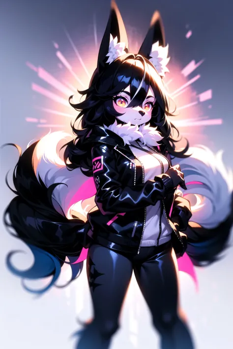 a furry fox girl, ((body fur)), medium breasts, very long hair, ((black hair)), multicolored hair, streaked hair 