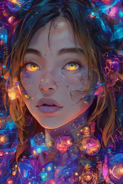 raw photo, masterpiece, 1girl,  midshot, In a space where light gold and violet merge, a Caucasian woman with neon rainbow hair, (long braided hair), stands with facial features that gleam with colorful lights. Her hair glinting in a hyperrealistic fantasy...