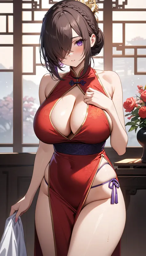 (masterpiece, Highest quality:1.2), (1girl), alone, ((medium hair)), (((dark brown hair))), (straight hair), ((hair over face)), (hair over one eye), (hair over right eye), (red chinese dress), (()), ((purple eyes)), (((big breast))), high detail, bloom, t...