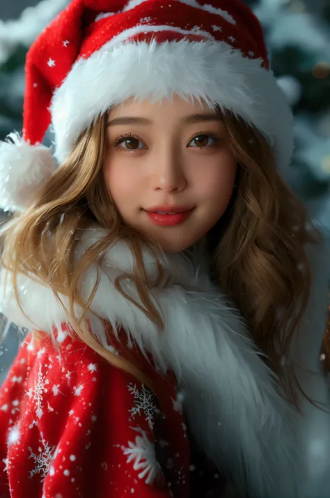 A realistic depiction of a cheerful young woman with warm, glowing skin, sparkling brown eyes, and a radiant smile. She wears a classic red Santa hat with white fur trim and a pom-pom at the tip, slightly tilted for a playful look. Her wavy chestnut hair c...