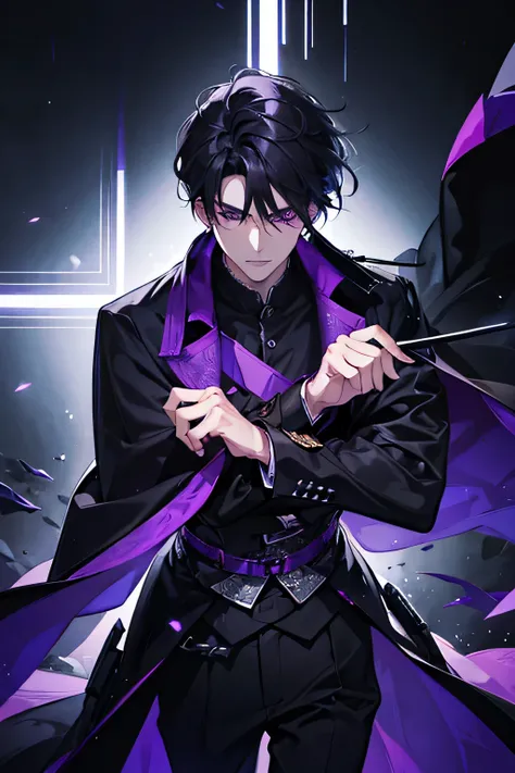 1man, male, handsome, black hair, purple eyes, wearing black trenchcoat, black kimono, katana, tall, fighting, night, absurdres, high res, ultrasharp, 8K, masterpiece