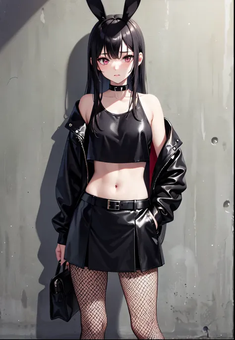 solo, female lip rabbit, all white fur, white droopy rabbit ears, black mascara, black make up, black hair, emo style hair, jitome, expressionless, smoking a cigarette, slender body, pink bunny nose, wearing black crop top, black cut off leather jacket, bl...