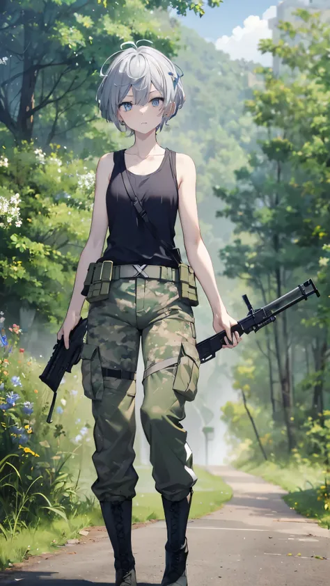  top quality、 Silver Hair、(Whitening skin)、 sky blue eyes、 very short hair,Short Hair, straight hair、Petite、、 slender、Sweaty,soldier, Military ,Soldier, slender、forest、 assault rifle ,Green tank top, boots,Camouflage patterned trousers, boyish,