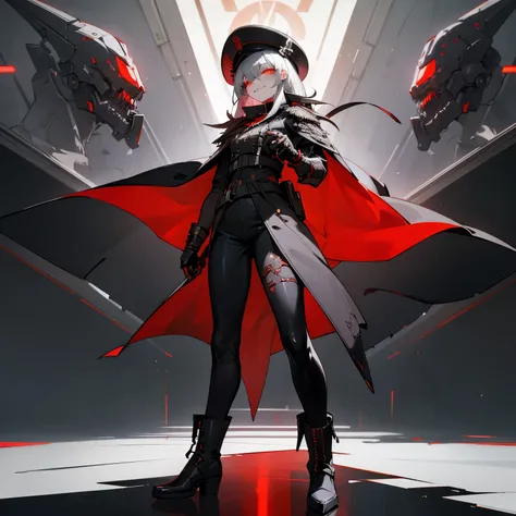 Glossy black armor
Military-inspired hat
Crimson glowing eyes
Sharp metallic accessories
Long black trench coat
High-tech leather straps
Metallic gauntlets
Crimson highlights
Heeled combat boots
Cybernetic arm enhancements
High-polish epaulettes
Sculpted s...