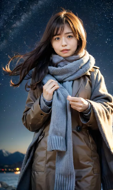 ( Wearing a fluffy scarf 、A woman looking at the starry sky、 Night Background 、that'Outside at night)、( plump breasts 、 Completely naked 、 Open your legs and touch your vagina :1.4).(Getting naked、Frowning、 lie on her back like a pillow ...