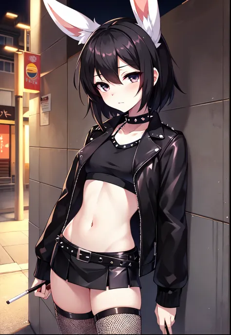 solo, female lip rabbit, all white fur, white droopy rabbit ears, black mascara, black make up, black hair, emo style hair, jitome, expressionless, smoking a cigarette, slender body, pink bunny nose, wearing black crop top, black cut off leather jacket, bl...