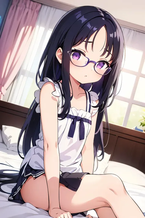  elementary school  toddler flat chest black hair straight long hair bangs 7 ：3 splits （（（（ forehead is sticking out in front of the piano））））  purple eyes round glasses （（One person）） upper body white short sleeve sleeveless blouse lower half navy blue mi...