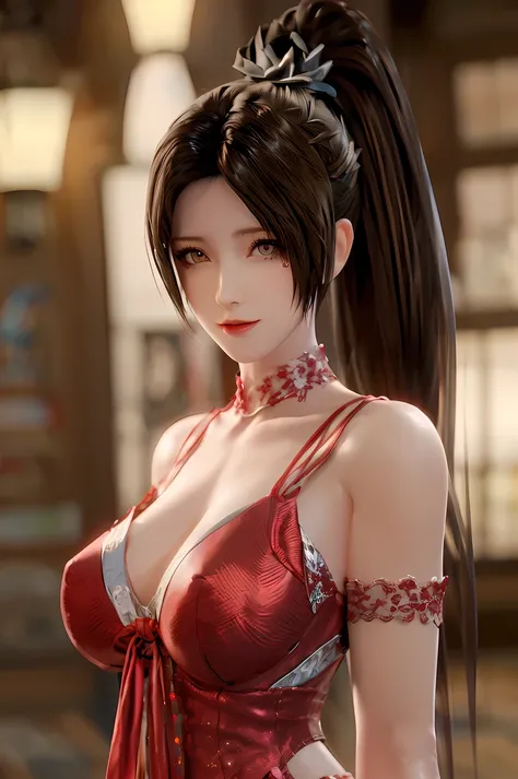 (((Best quality, 8k, Masterpiece: 1.3)), ((best quality)), ((masterpiece)), (detailed), perfect face, perfect body, (detailed skin:1.3), (intricate details), red costume, black hair, long ponytail