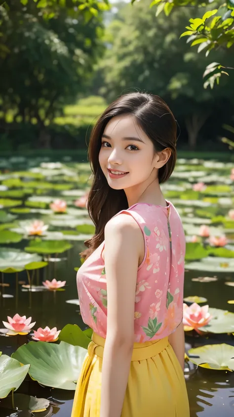 A cheerful young woman standing in a lush lotus pond, holding a vibrant bouquet of pink lotus flowers over her shoulder. She is dressed in a traditional sleeveless yellow top with intricate patterns, exuding a joyful and radiant charm. Behind her, a large ...