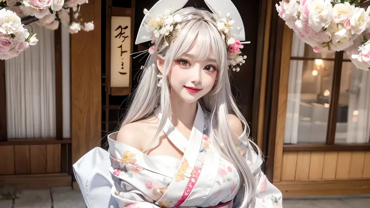 (1girl, solo), woman, golden bands, blushing, heart, cowboy shot, beautiful face, thick eyelashes, glowing white eyes,long flowy silver hair, cute smile, dark eyeshadow, floral decoration in hair, night time, shinning moon, blush, ((white floral kimono:1.3...