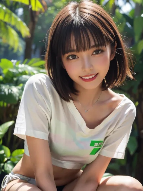   detailed face  ,    beautiful eyes ,   photorealistic ,   depth of field,  white t-shirt,   micro bikini,, 22 years old, bangs,   smaller , (( Silver Short Bob )), Faint lips,   Cowboy Shots,   Green camouflage paint on S , Close to the audience , Arms b...