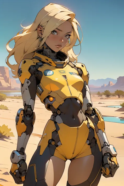 high quality, 4k, masterpiece, beautiful, cyborg girl, cowboy shot, dull eyes, front, looking at viewer, long blonde hair, girl, small breasts, fit thighs, robotic arms, robotic body, cyborg body, white & yellow uniform, orange accent, intricate detail, jo...