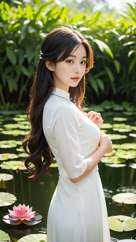 A serene young woman in a white traditional Ao Dai dress, standing gracefully in a lush lotus pond. She holds a bouquet of pink lotus flowers close to her chest with both hands. She wears a wide-brimmed bamboo hat that partially shades her face, casting a ...