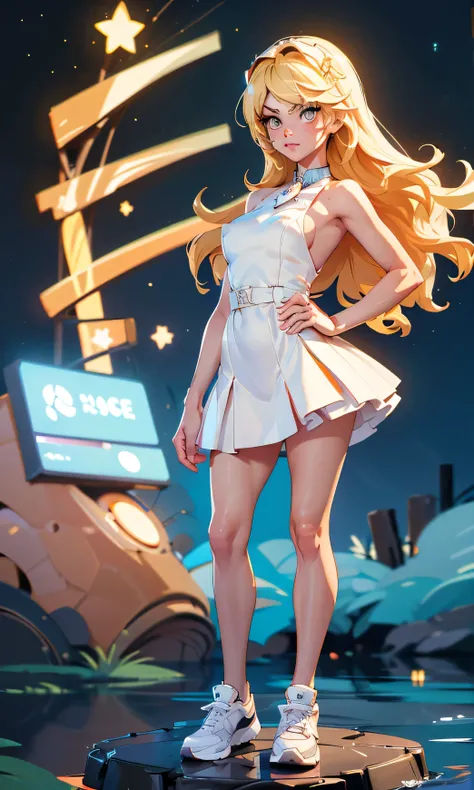 masterpiece, 1 girl, beautiful, slim, head on, looking at the spectator , long hair , blond hair , brown eyes, arched eyebrows , full body , pretty legs, abdomen plano, Kpop outfit , white bell dress, short dress , sports shoes , (((desnuda))), in...