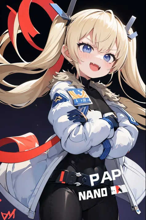 1petite_girl,masterpiece, highest quality,laplace,hair ornament, belt,white_front_open_coat_on_black_bodysuit,fur trim, gloves, blue boots,(upper body),open mouth,(crossed arms),(Standing in honor),big_Smile, smug_face, laugh,open_mouth