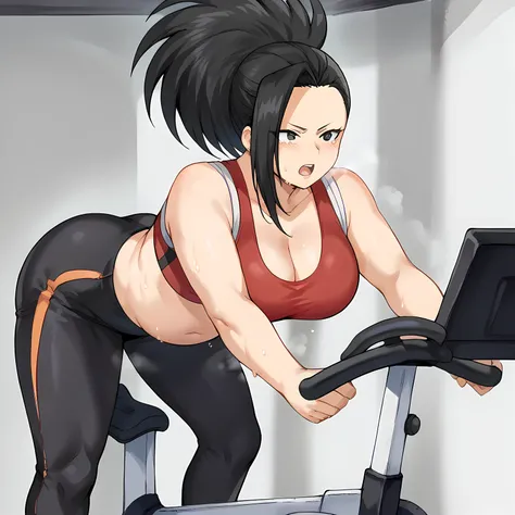 score_9, score_8_up, score_7_up, source_anime, yaoyorozumomo, yaoyorozu momo, long hair, bangs, black hair, ponytail, black eyes, high ponytail, wide ponytail, exercise bike, bike, sitting, bent over, exercise machine, exercising, sports bra, yoga pants, o...