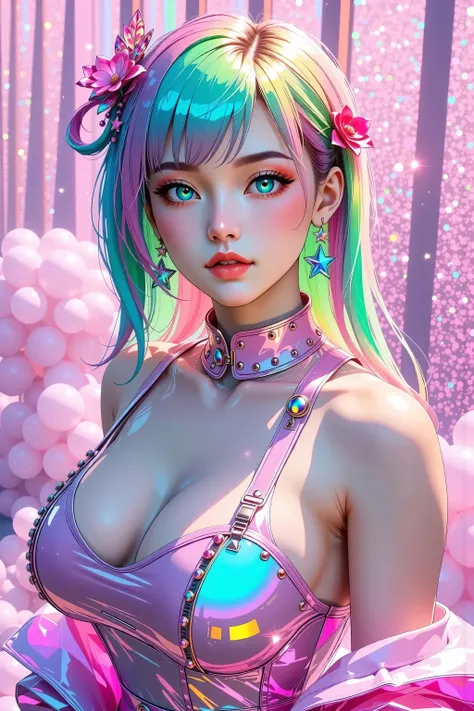 Japanese girl, (anime), manga, (3D), sexy, One Full Growth in Latex, sparkles, Pink Green Hair, posing, ((Glitter Dust)), dynamic shadows, masterpiece, bright colors, Shimmers, clear details, beautiful appearance, masterpiece, best quality, perfect anatomy...