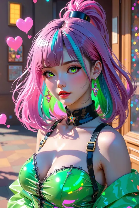 Japanese girl, (anime), manga, (3D), sexy, One Full Growth in Latex, sparkles, Pink Green Hair, posing, ((Glitter Dust)), dynamic shadows, masterpiece, bright colors, Shimmers, clear details, beautiful appearance, masterpiece, best quality, perfect anatomy...