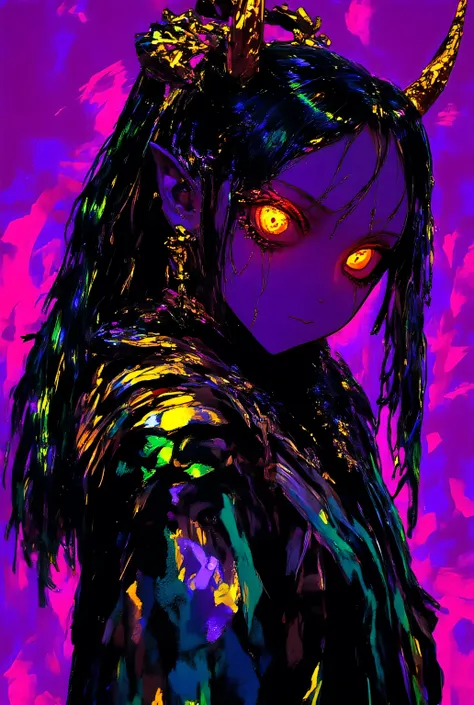 raw photo, masterpiece, 1girl,  mid shot, In a space where light gold and violet merge, a woman with neon rainbow hair, (long braided hair), stands with facial features that gleam with colorful lights. Her hair glinting in a hyper realistic fantasy style (...