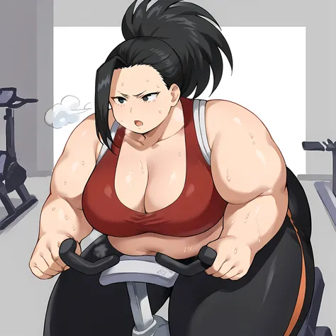 score_9, score_8_up, score_7_up, source_anime, yaoyorozumomo, yaoyorozu momo, long hair, bangs, black hair, ponytail, black eyes, high ponytail, wide ponytail, exercise bike, bike, sitting, bent over, exercise machine, exercising, sports bra, yoga pants, o...