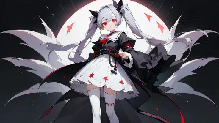  1 girl 、From the front left, 、 silver hair、 twin tails、 red eyes、white gothic lollies 、 white skirt with a moon pattern 、 star patterned black stockings、Smile、 is closing its mouth、 black school loafers 、Height: 147cm、Weight: 57kg、 K cup bust 、 standing