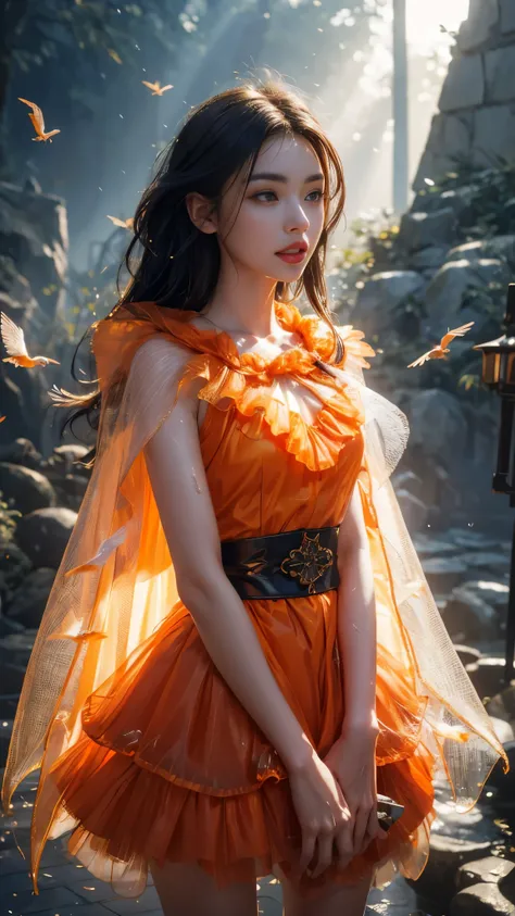 8k, masterpiece, 1 girl, beautiful face, very long hair, light makeup, (glossy skin), detailed eyes, detailed lips, shut up small bust, fantasy clothing, blowing wind, ((orange clothing)), ((fantasy petticoat)), ((mesh cape)), mesh clothing, ((fog)), ((in ...