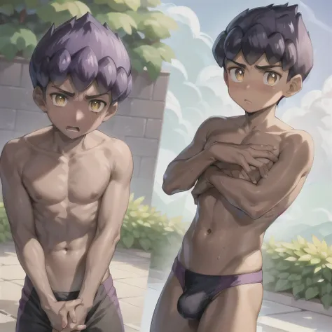       Masterpiece     ,       top quality,   {{{{{{One boy , hop (      Pokemon),       purple hair ,        shorthair ,       yellow eyes, Dark Skin, Alone,     Completely naked     、        cover your crotch with both hands、panic、At the pool,、bulging due...