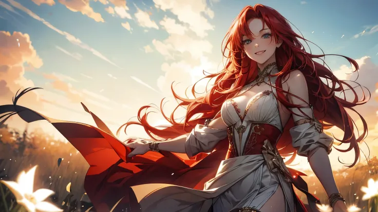 The wallpaper is a field with sunlight. A girl with red hair is dancing. She is wearing revealing sexy clothes. The girl is smiling on her white skin. Her gaze is looking straight aheaThe wallpaper is a field with sunlight. A girl with red hair is dancing....