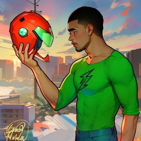 cartoon of a man holding a red and green helmet with a green snake on it, jayson tatum as guerilla heroica, mkbhd as iron man, steve harvey as the flash, puerto rican super hero, comic book arzach style, inspired by Alan Davis, cartoon art style, 60s carto...