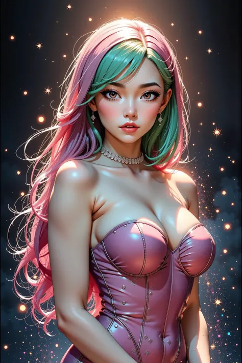 Japanese girl, (anime), manga, sexy, One Full Growth in Latex, sparkles, Pink Green Hair, posing, ((Glitter Dust)), dynamic shadows, masterpiece, bright colors, Shimmers, clear details, beautiful appearance, masterpiece, best quality, perfect anatomy, very...