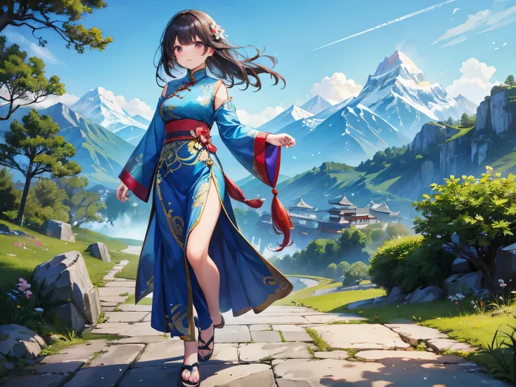  Best Quality，Wallpaper level， a young dark-haired Chinese woman，Wearing blue cheongsam，Fairy air， and walking on a mountain path ，There is a mountain in the background 