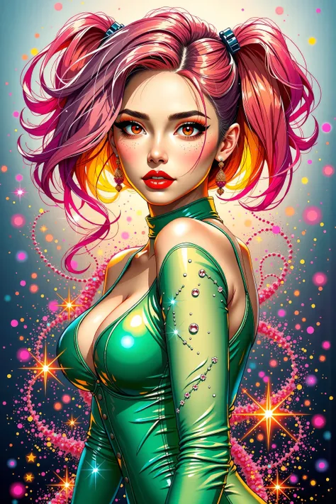 Japanese girl, (anime), manga, sexy, One Full Growth in Latex, sparkles, Pink Green Hair, posing, ((Glitter Dust)), dynamic shadows, masterpiece, bright colors, Shimmers, clear details, beautiful appearance, masterpiece, best quality, perfect anatomy, very...