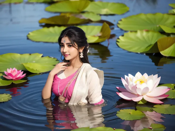    Lakshmi dressed in pink and white   ,    emerged from a large white lotus in a clear, clean lake,  with colorful fish   .  Its sunny，Clouds in the sky  