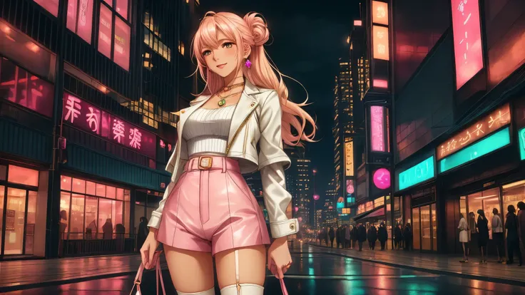 A stunning young woman stands confidently in the center of a vibrant futuristic cityscape, rendered in a sophisticated Japanese anime art style. Her face is delicately proportioned, featuring large, expressive eyes with shimmering golden irises accented by...