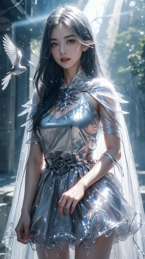 8k, masterpiece, 1 girl, beautiful face, very long hair, light makeup, (glossy skin), detailed eyes, detailed lips, shut up small bust, fantasy clothing, blowing wind, ((silver clothing)), ((fantasy petticoat)), ((mesh cape)), mesh clothing, ((fog)), ((in ...