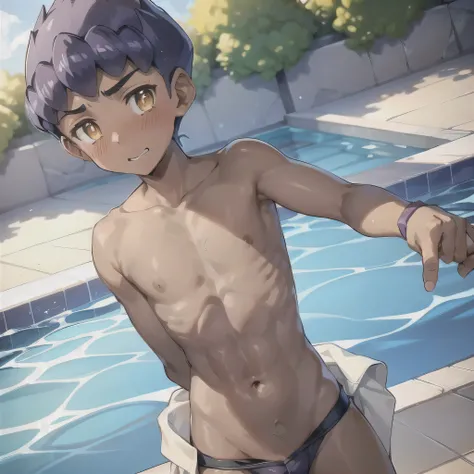     Masterpiece   ,      top quality,   {{{{One boy , hop (     Pokemon),      purple hair ,       short hair ,      yellow eyes, Dark Skin, Alone,    Completely naked    、      cover your crotch with both hands、panic、At the pool,、bulging due to an erectio...