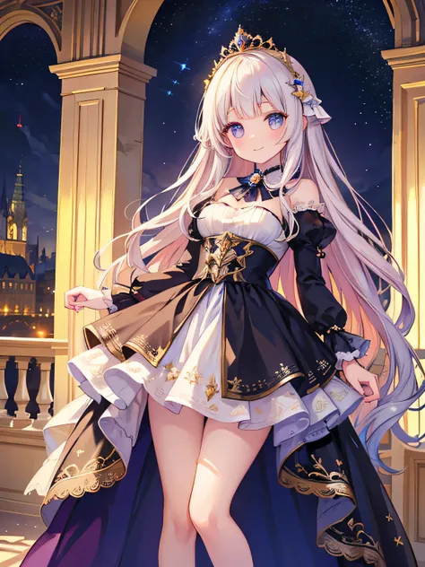 Princess,  girl,smile,  standing, Europe,  the cutest in the world  ,  Details Eye ,  detailed face  , has a glittering night view ,Brilliant Light, beautiful detailed glow photorealistic:2.0, masterpiece,  top quality,  very detailed,  from before,((whole...