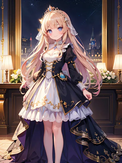 Princess,  girl,smile,  standing, Europe,  the cutest in the world  ,  Details Eye ,  detailed face  , has a glittering night view ,Brilliant Light, beautiful detailed glow photorealistic:2.0, masterpiece,  top quality,  very detailed,  from before,((whole...