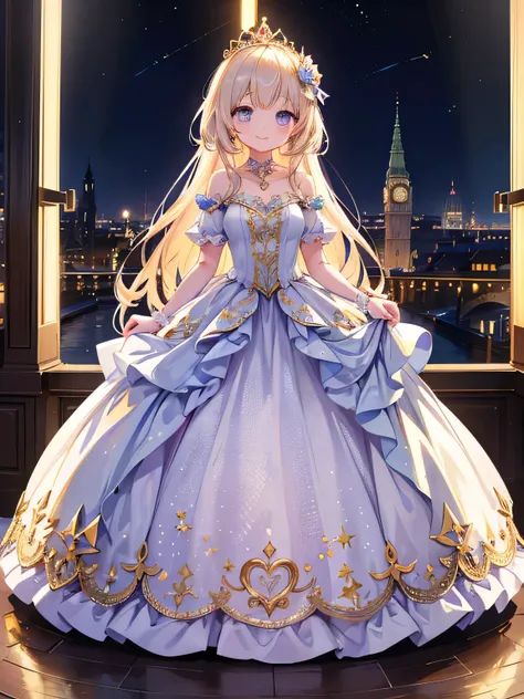 Princess,  girl,smile,  standing, Europe,  the cutest in the world  ,  Details Eye ,  detailed face  , has a glittering night view ,Brilliant Light, beautiful detailed glow photorealistic:2.0, masterpiece,  top quality,  very detailed,  from before,((whole...