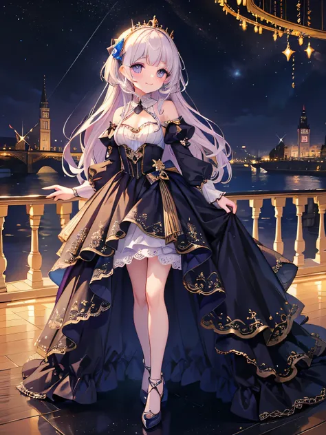 Princess,  girl,smile,  standing, Europe,  the cutest in the world  ,  Details Eye ,  detailed face  , has a glittering night view ,Brilliant Light, beautiful detailed glow photorealistic:2.0, masterpiece,  top quality,  very detailed,  from before,((whole...