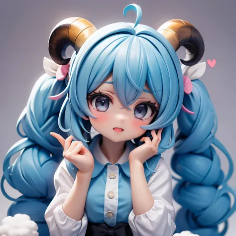  1 girl,  bangs,  twin tails, Blue Hair/ light blue hair, Ram horns on head、 long eyelashes, Silver Eyes、 Musical Note Hair Accessory ,  naughty face, 