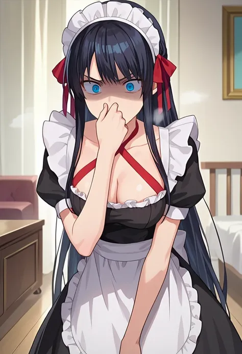 score_9, score_8_up, score_7_up, source_anime,
BREAK
1girl, solo, anime screencap, anime coloring,
yukimaiduni, black hair, long hair, blue eyes, red ribbon, hair ribbon,
dress, bare shoulders, very long hair, collarbone, alternate costume, apron, maid, ma...