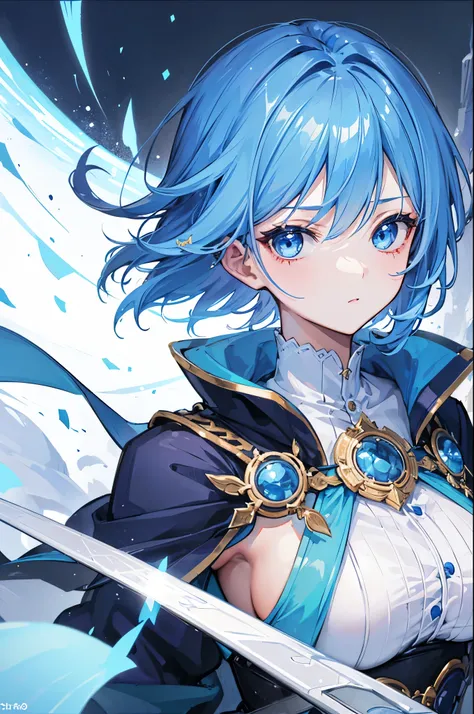 1 woman, (((High quality))), ((masterpiece)), (bright),  light blue hair,  blue eyes , Expressionless한 얼굴, Expressionless, 단정한  short haired ,  firm lips , adventurer clothes,  medieval fantasy, ice 배경, Long Sword , Cloth cape ,  very big boobs ,  Exposed ...