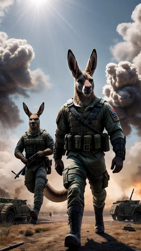 A hyper-realistic representation of an army of humanoid kangaroos in a war scenario. In the center of the image is an imposing, muscular humanoid kangaroo wearing a military uniform detailed with a tactical vest, camouflage patterns and combat boots. Its k...