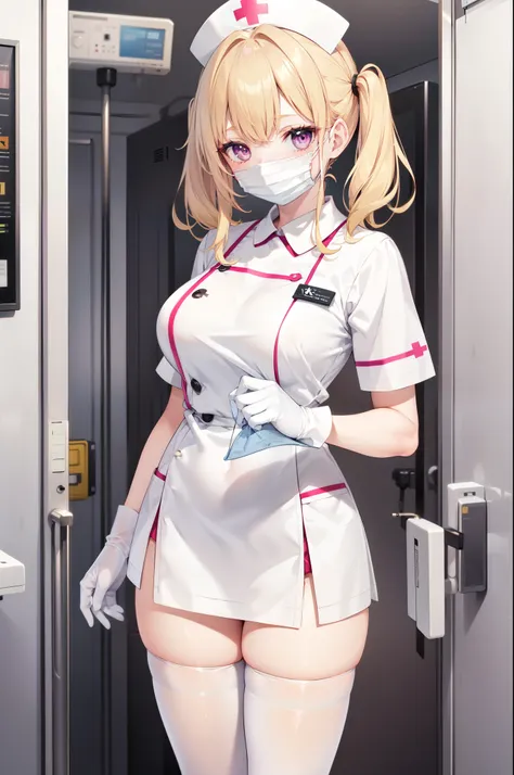 1girl, solo, nurse, nurse cap, white nurse uniform, ((white legwear, zettai ryouiki)), white gloves, twintails, yellow hair, purple eyes, ((white surgical mask, covered nose)), standing, ((hospital room)), sharp outline, short sleeves, best quality, master...