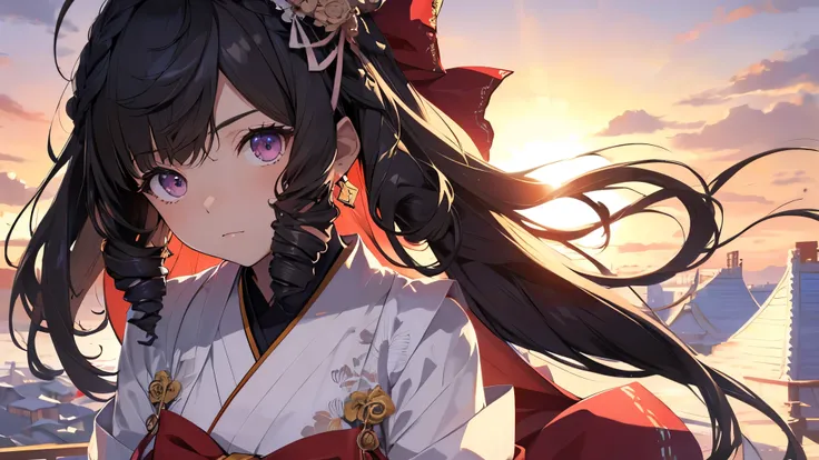 Solo, girl, (human ears, earrings), ((flat chest, short stature)), (black hair), (kneeling with arms behind head), (calm face, hair accessories), ( Red and white shrine maiden clothes), (Sunset Sky, Sunset, Sunset Sky), (Chest Focus, Dynamic Angle), (Hi-Re...