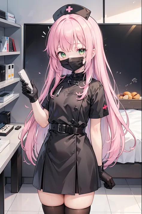 black nurse, 1girl, solo, black nurse cap, black nurse uniform, ((black legwear, zettai ryouiki)), black elbow gloves, pink hair, green eyes, drooping eyes, ((black surgical mask, covered nose)), standing, ((surgery room)), sharp outline, short sleeves, be...