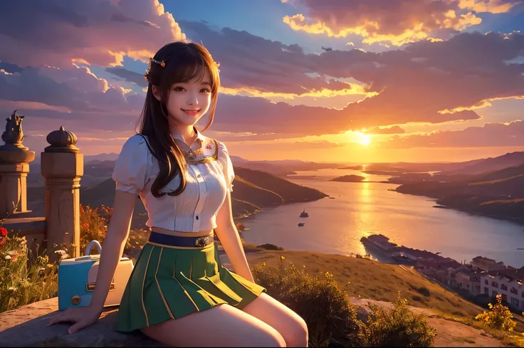  top quality　 Details　masterpiece　A super cute girl is watching the sun set with a smile　Wearing a mini skirt　Photo style　Spectacular views　 imaginary　Artistic　 fantasy 　 dramatic production 